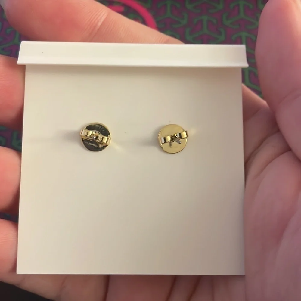 Tory Burch Logo Heart Drop Earrings Gold Tone Mother of Pearl Dangle